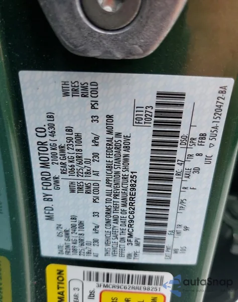 2024 Ford Bronco Sport Outer Banks из США, поврежденный, VIN 3FMCR9C62RRE98251